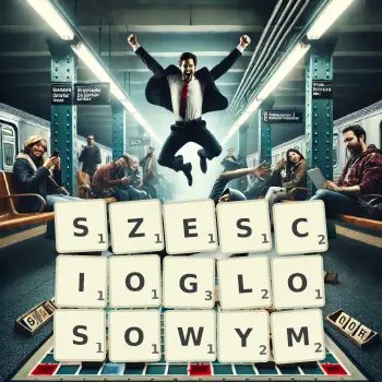 Kreatywna ilustracja do gry w Scrabble ze słowem SZESCIOGLOSOWYM ułożonym z płytek na planszy.