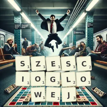 Kreatywna ilustracja do gry w Scrabble ze słowem SZESCIOGLOWEJ ułożonym z płytek na planszy.
