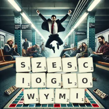Kreatywna ilustracja do gry w Scrabble ze słowem SZESCIOGLOWYMI ułożonym z płytek na planszy.