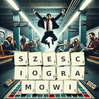 Kreatywna ilustracja do gry w Scrabble ze słowem SZESCIOGRAMOWI ułożonym z płytek na planszy.