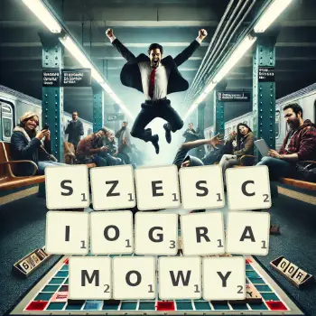 Kreatywna ilustracja do gry w Scrabble ze słowem SZESCIOGRAMOWY ułożonym z płytek na planszy.