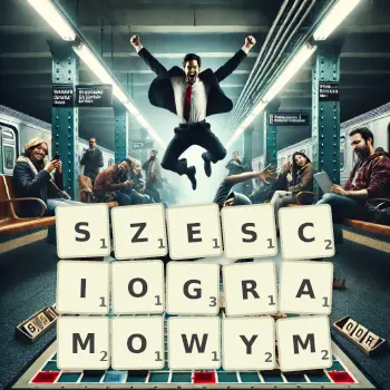 Kreatywna ilustracja do gry w Scrabble ze słowem SZESCIOGRAMOWYM ułożonym z płytek na planszy.