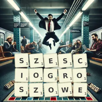 Kreatywna ilustracja do gry w Scrabble ze słowem SZESCIOGROSZOWE ułożonym z płytek na planszy.