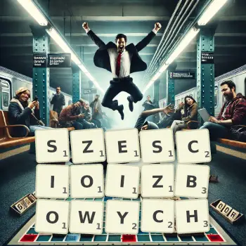 Kreatywna ilustracja do gry w Scrabble ze słowem SZESCIOIZBOWYCH ułożonym z płytek na planszy.
