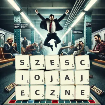 Kreatywna ilustracja do gry w Scrabble ze słowem SZESCIOJAJECZNE ułożonym z płytek na planszy.