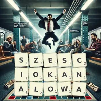 Kreatywna ilustracja do gry w Scrabble ze słowem SZESCIOKANALOWA ułożonym z płytek na planszy.
