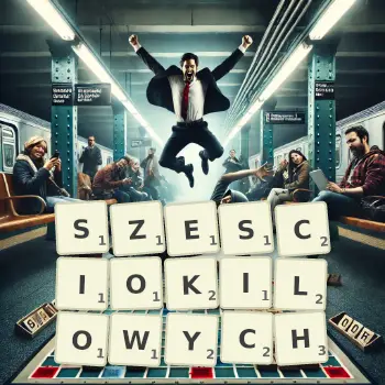 Kreatywna ilustracja do gry w Scrabble ze słowem SZESCIOKILOWYCH ułożonym z płytek na planszy.