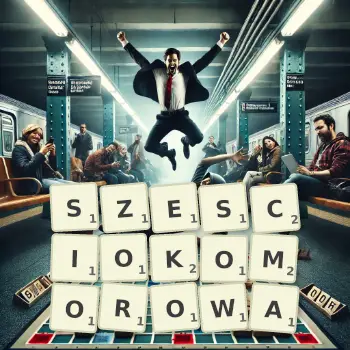 Kreatywna ilustracja do gry w Scrabble ze słowem SZESCIOKOMOROWA ułożonym z płytek na planszy.