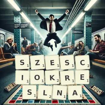 Kreatywna ilustracja do gry w Scrabble ze słowem SZESCIOKRESLNA ułożonym z płytek na planszy.