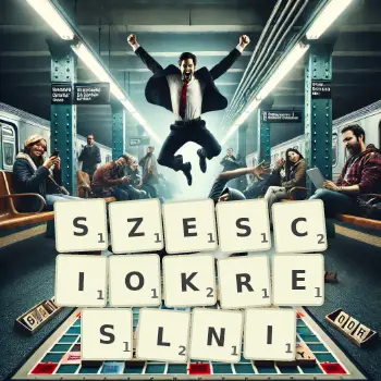 Kreatywna ilustracja do gry w Scrabble ze słowem SZESCIOKRESLNI ułożonym z płytek na planszy.