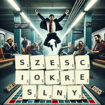Kreatywna ilustracja do gry w Scrabble ze słowem SZESCIOKRESLNY ułożonym z płytek na planszy.