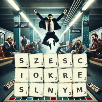 Kreatywna ilustracja do gry w Scrabble ze słowem SZESCIOKRESLNYM ułożonym z płytek na planszy.