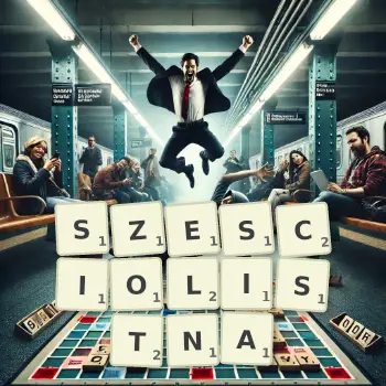 Kreatywna ilustracja do gry w Scrabble ze słowem SZESCIOLISTNA ułożonym z płytek na planszy.