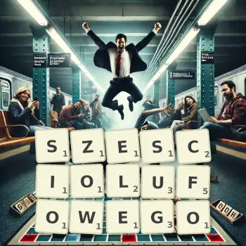 Kreatywna ilustracja do gry w Scrabble ze słowem SZESCIOLUFOWEGO ułożonym z płytek na planszy.