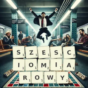 Kreatywna ilustracja do gry w Scrabble ze słowem SZESCIOMIAROWY ułożonym z płytek na planszy.