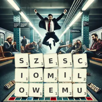 Kreatywna ilustracja do gry w Scrabble ze słowem SZESCIOMILOWEMU ułożonym z płytek na planszy.