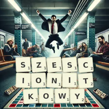 Kreatywna ilustracja do gry w Scrabble ze słowem SZESCIONITKOWY ułożonym z płytek na planszy.