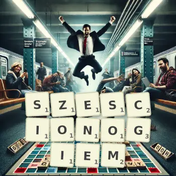 Kreatywna ilustracja do gry w Scrabble ze słowem SZESCIONOGIEM ułożonym z płytek na planszy.