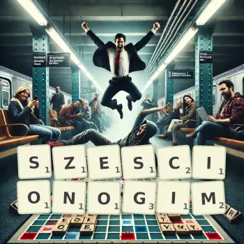 Kreatywna ilustracja do gry w Scrabble ze słowem SZESCIONOGIM ułożonym z płytek na planszy.