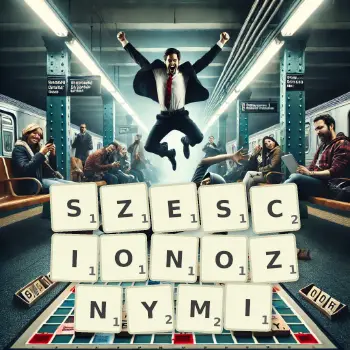 Kreatywna ilustracja do gry w Scrabble ze słowem SZESCIONOZNYMI ułożonym z płytek na planszy.