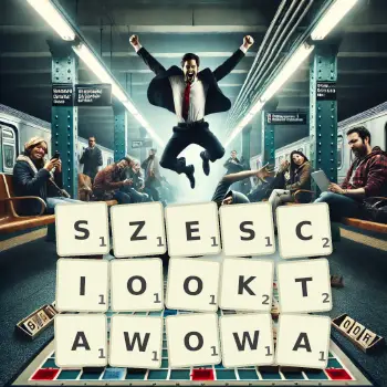 Kreatywna ilustracja do gry w Scrabble ze słowem SZESCIOOKTAWOWA ułożonym z płytek na planszy.