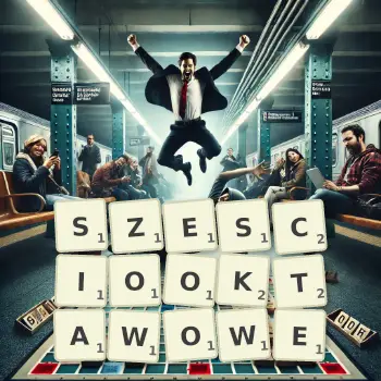 Kreatywna ilustracja do gry w Scrabble ze słowem SZESCIOOKTAWOWE ułożonym z płytek na planszy.