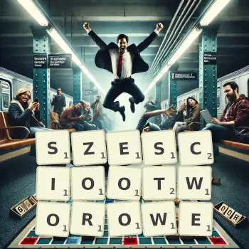 Kreatywna ilustracja do gry w Scrabble ze słowem SZESCIOOTWOROWE ułożonym z płytek na planszy.