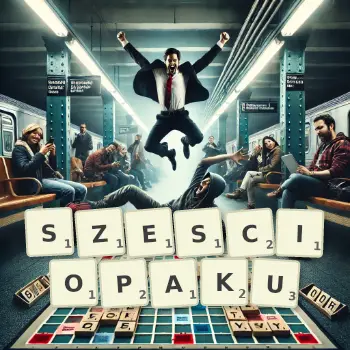 Kreatywna ilustracja do gry w Scrabble ze słowem SZESCIOPAKU ułożonym z płytek na planszy.