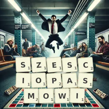 Kreatywna ilustracja do gry w Scrabble ze słowem SZESCIOPASMOWI ułożonym z płytek na planszy.