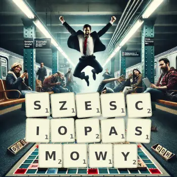 Kreatywna ilustracja do gry w Scrabble ze słowem SZESCIOPASMOWY ułożonym z płytek na planszy.