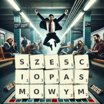 Kreatywna ilustracja do gry w Scrabble ze słowem SZESCIOPASMOWYM ułożonym z płytek na planszy.
