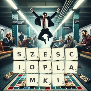 Kreatywna ilustracja do gry w Scrabble ze słowem SZESCIOPLAMKI ułożonym z płytek na planszy.