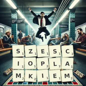 Kreatywna ilustracja do gry w Scrabble ze słowem SZESCIOPLAMKIEM ułożonym z płytek na planszy.