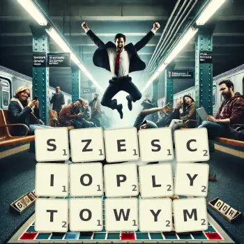 Kreatywna ilustracja do gry w Scrabble ze słowem SZESCIOPLYTOWYM ułożonym z płytek na planszy.