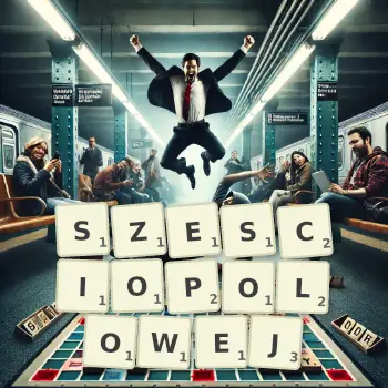 Kreatywna ilustracja do gry w Scrabble ze słowem SZESCIOPOLOWEJ ułożonym z płytek na planszy.