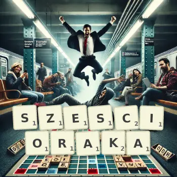 Kreatywna ilustracja do gry w Scrabble ze słowem SZESCIORAKA ułożonym z płytek na planszy.