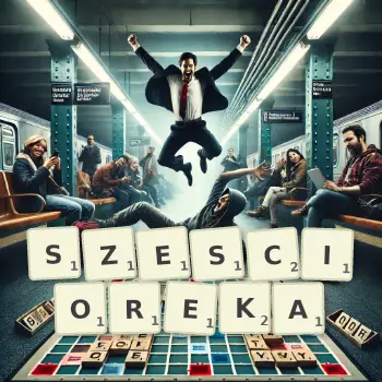 Kreatywna ilustracja do gry w Scrabble ze słowem SZESCIOREKA ułożonym z płytek na planszy.