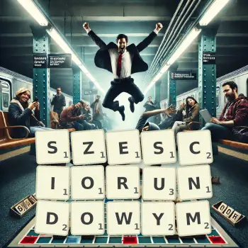 Kreatywna ilustracja do gry w Scrabble ze słowem SZESCIORUNDOWYM ułożonym z płytek na planszy.
