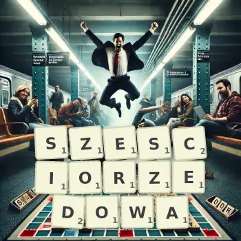 Kreatywna ilustracja do gry w Scrabble ze słowem SZESCIORZEDOWA ułożonym z płytek na planszy.
