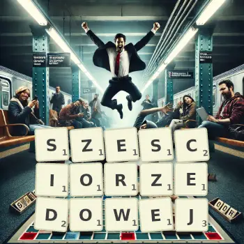 Kreatywna ilustracja do gry w Scrabble ze słowem SZESCIORZEDOWEJ ułożonym z płytek na planszy.