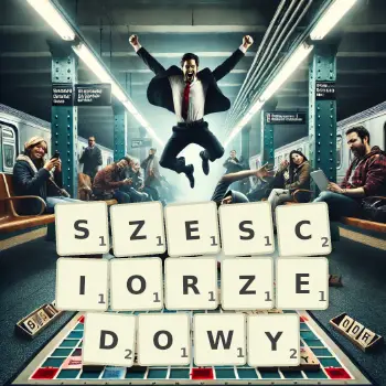 Kreatywna ilustracja do gry w Scrabble ze słowem SZESCIORZEDOWY ułożonym z płytek na planszy.
