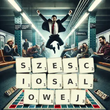 Kreatywna ilustracja do gry w Scrabble ze słowem SZESCIOSALOWEJ ułożonym z płytek na planszy.