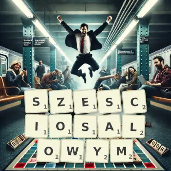 Kreatywna ilustracja do gry w Scrabble ze słowem SZESCIOSALOWYM ułożonym z płytek na planszy.