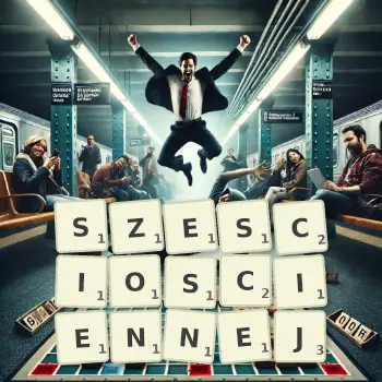 Kreatywna ilustracja do gry w Scrabble ze słowem SZESCIOSCIENNEJ ułożonym z płytek na planszy.