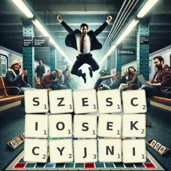 Kreatywna ilustracja do gry w Scrabble ze słowem SZESCIOSEKCYJNI ułożonym z płytek na planszy.