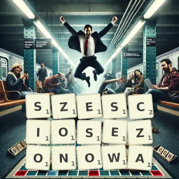 Kreatywna ilustracja do gry w Scrabble ze słowem SZESCIOSEZONOWA ułożonym z płytek na planszy.