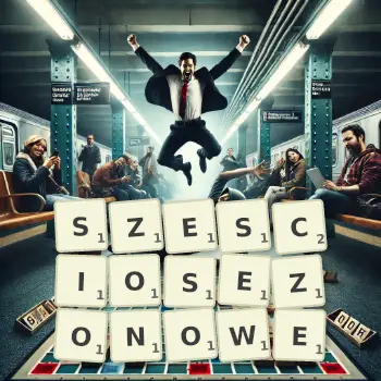 Kreatywna ilustracja do gry w Scrabble ze słowem SZESCIOSEZONOWE ułożonym z płytek na planszy.