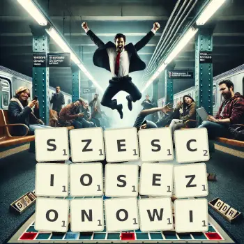 Kreatywna ilustracja do gry w Scrabble ze słowem SZESCIOSEZONOWI ułożonym z płytek na planszy.