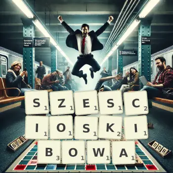 Kreatywna ilustracja do gry w Scrabble ze słowem SZESCIOSKIBOWA ułożonym z płytek na planszy.