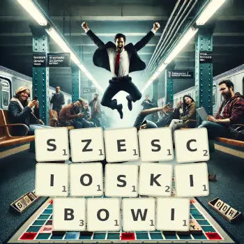 Kreatywna ilustracja do gry w Scrabble ze słowem SZESCIOSKIBOWI ułożonym z płytek na planszy.